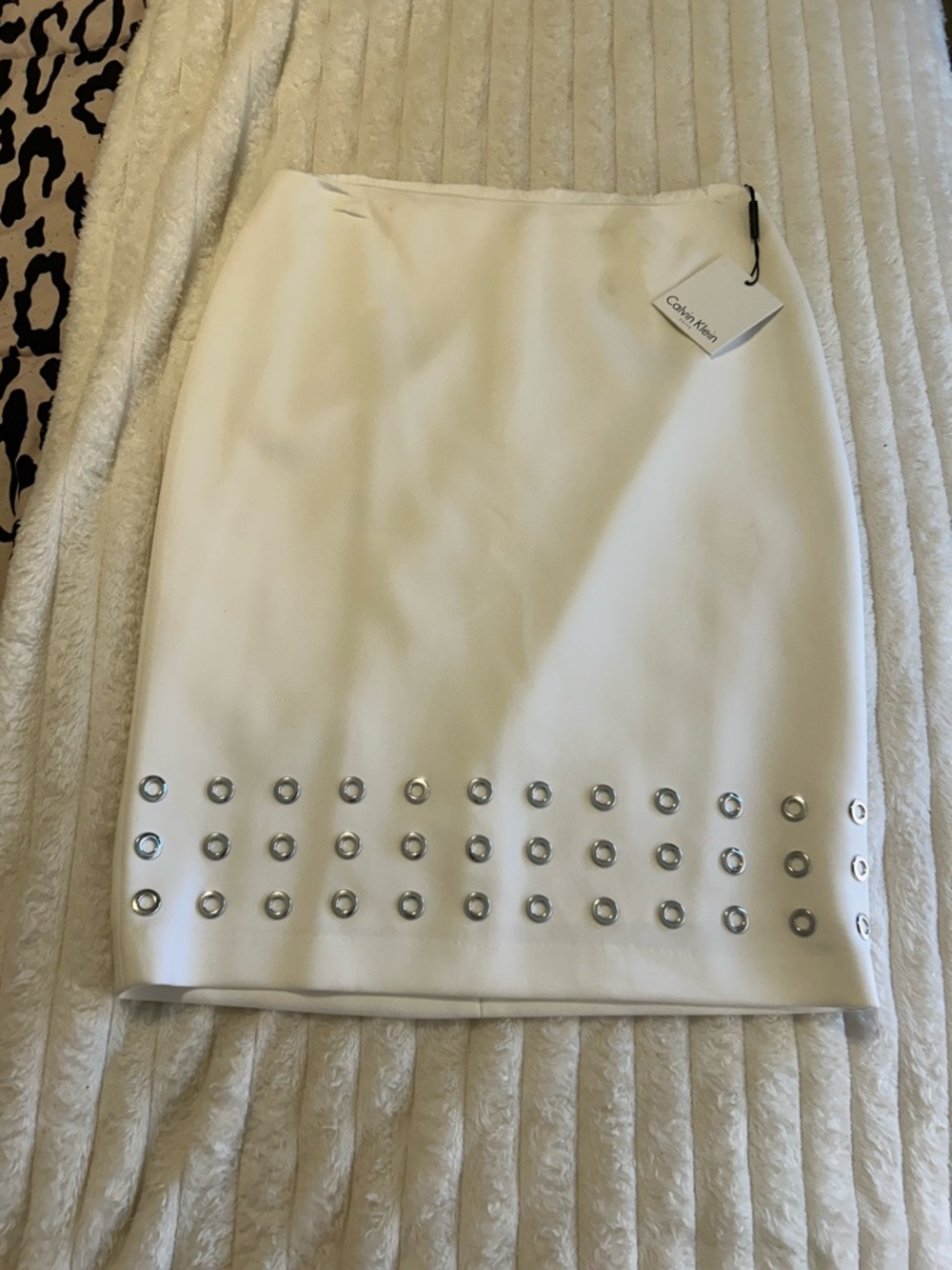Calvin Klein White Pencil Skirt with Silver Eyelet Hem